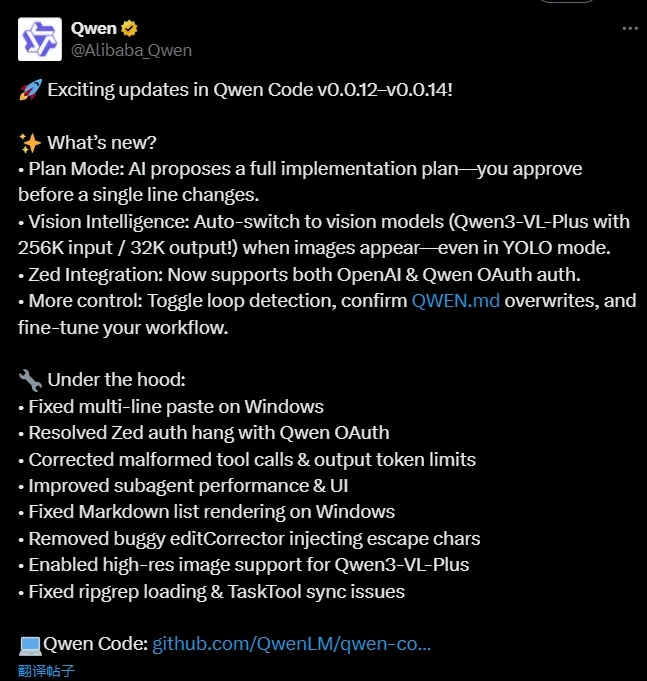 通义千问代码模型Qwen Code三连更：Plan Mode、视觉智能加持，Zed编辑器兼容再升级